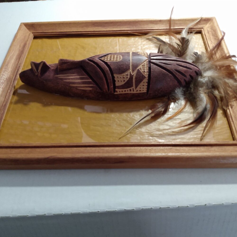 Very Unique African Tribal Mask With Feathers Framed World Art ~ Swahili - Picture 9 of 10